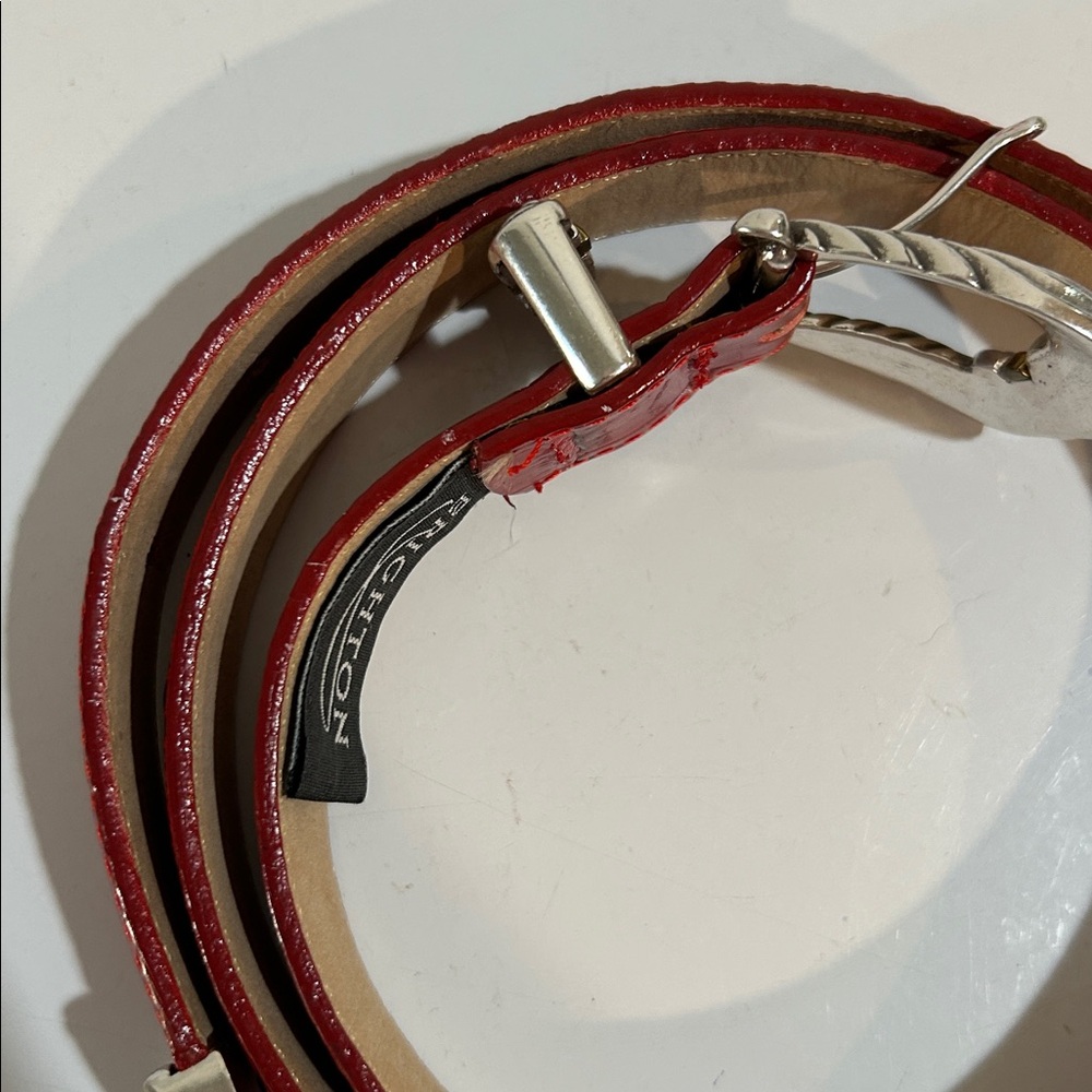 Brighton Red Croc-Embossed Leather Belt ML 32 | Silver Scroll Buckle & Tips USA - Picture 12 of 12